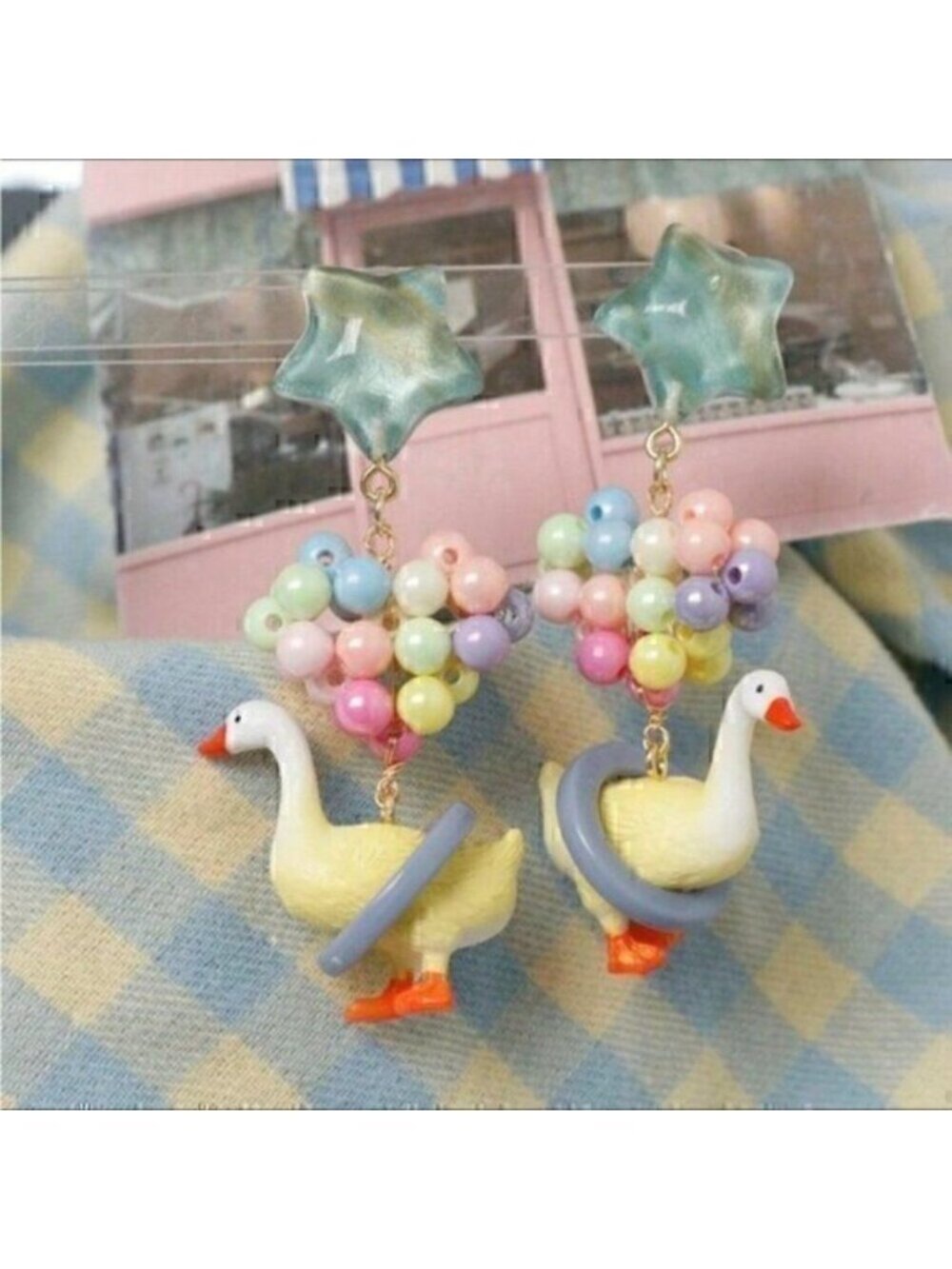 Mother Goose Cute Swan Heart Star Beaded Dopamine Charm Easter Duck  Earrings